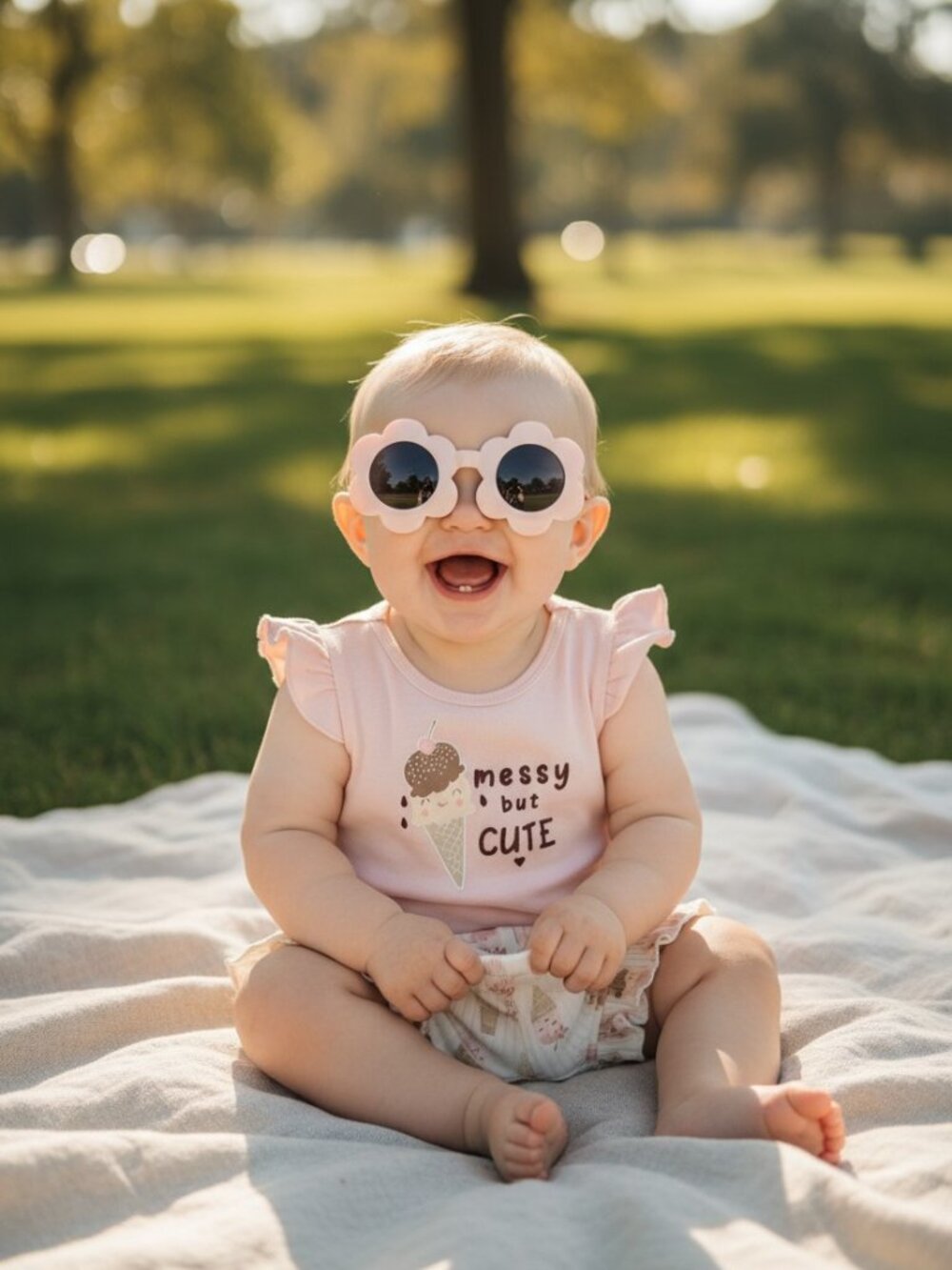 Girls 3PC "Messy But Cute" Short Set + UV Sunglasses Size 6M